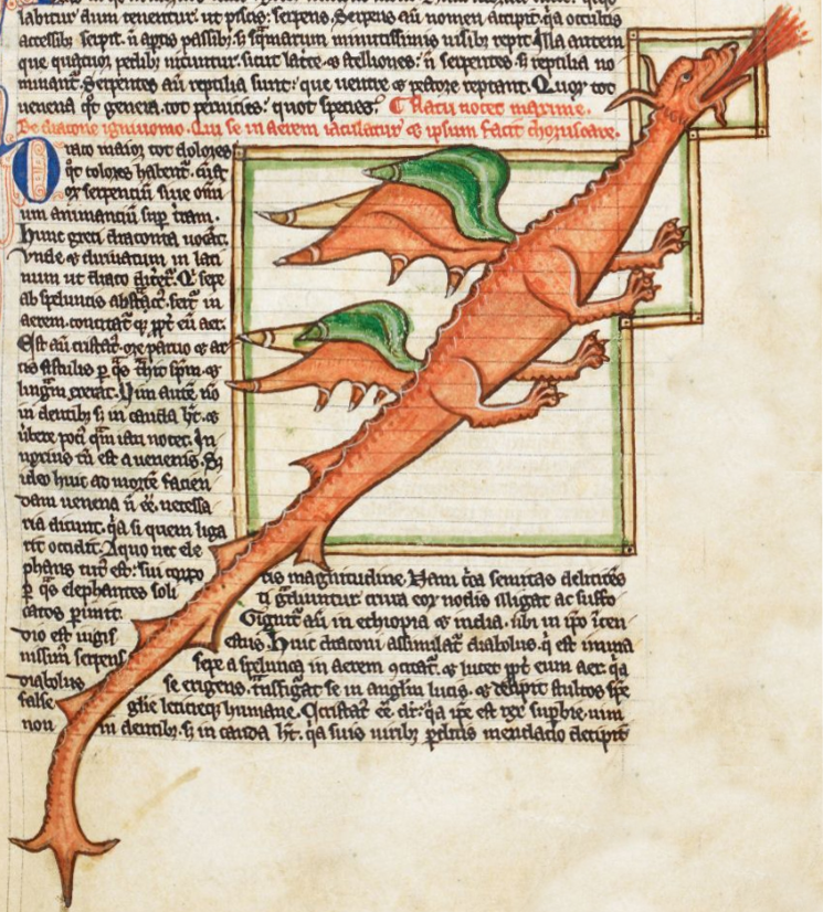 This medieval manuscript shows a dragon. Game of Thrones was inspired by a pseudo-medieval setting and features dragons.