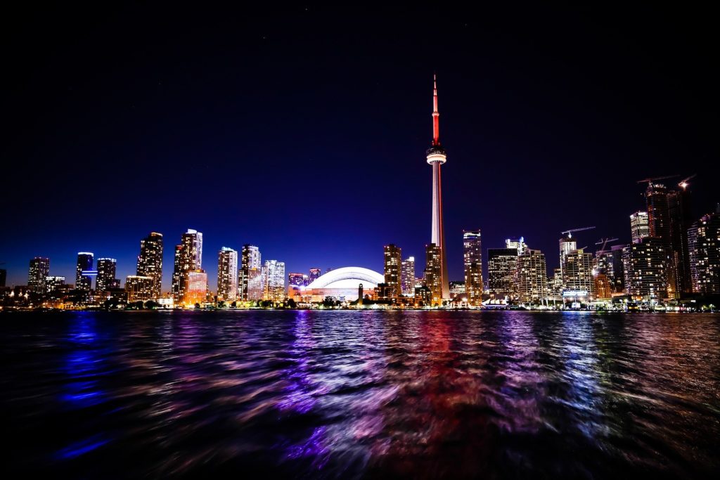 The skyline of Toronto, Ontario, featuring the CN Tower, from Lake Ontario.