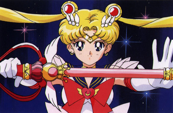 Sailor Moon prepares to vanquish the enemy against a backdrop of stars.