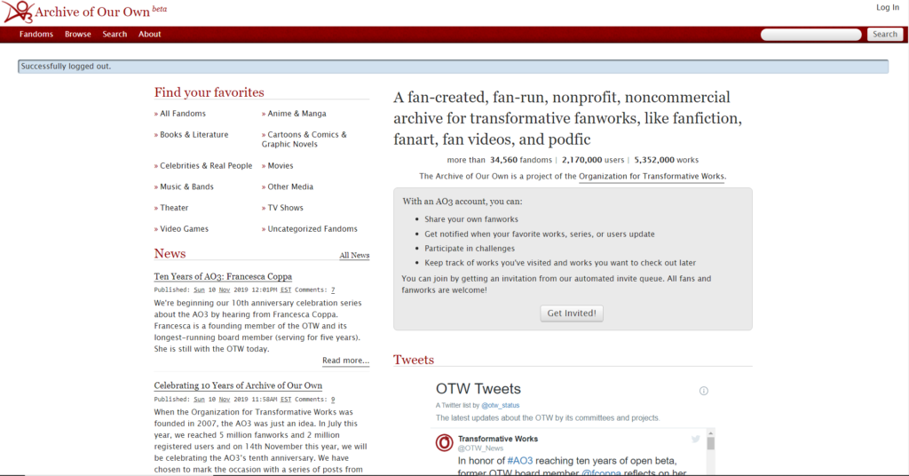 A screenshot of the homepage of Archive of Our Own, a repository for fanfiction and other derivative works.
