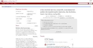 A screencap of the homepage of Archive of Our Own, or AO3.