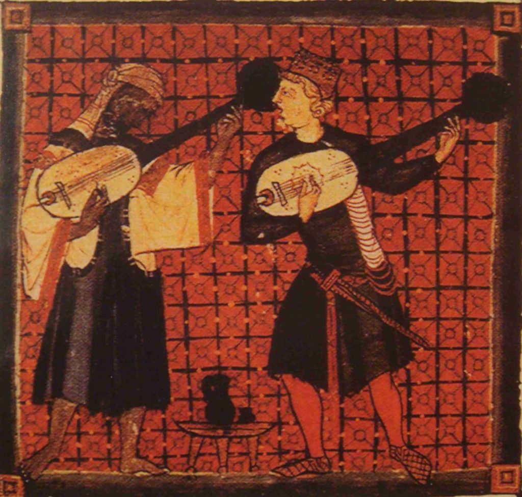 An illustration from a medieval Spanish illuminated manuscript, depicting two musicians, one Black and one white.
