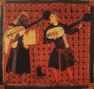 Art from medieval Spain shows two musicians, one Black and one white, playing together.