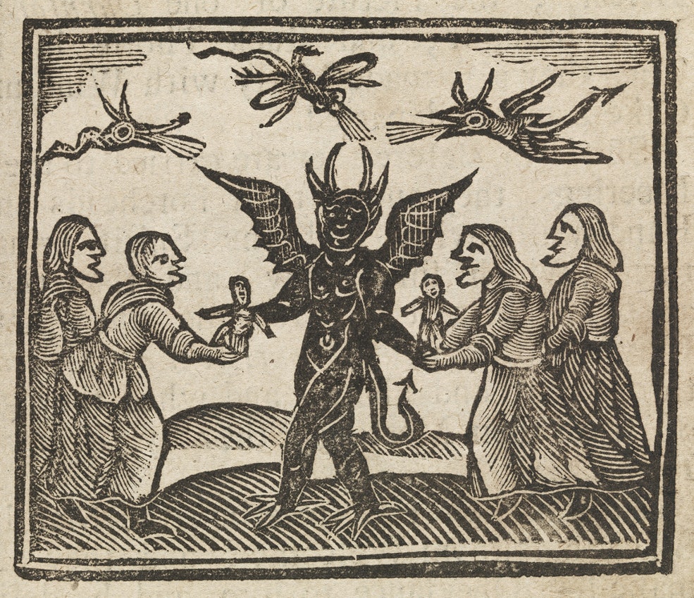 In this medieval woodcut, witches present wax dolls to Satan.